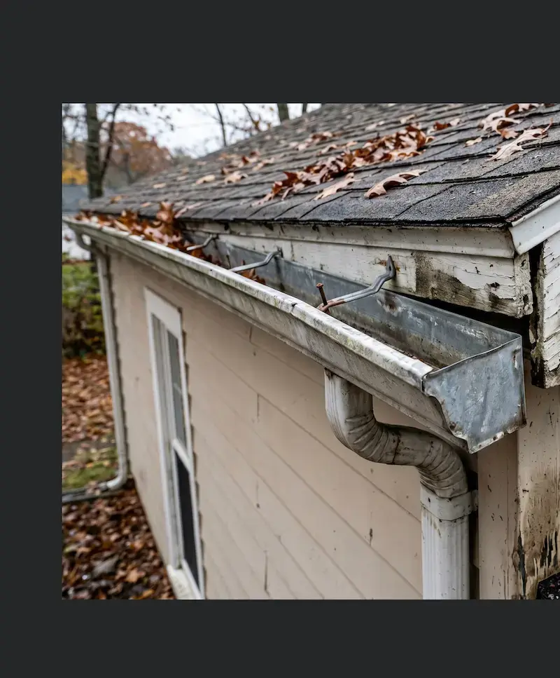 Old gutters sagging and pulling away from the fascia of a house