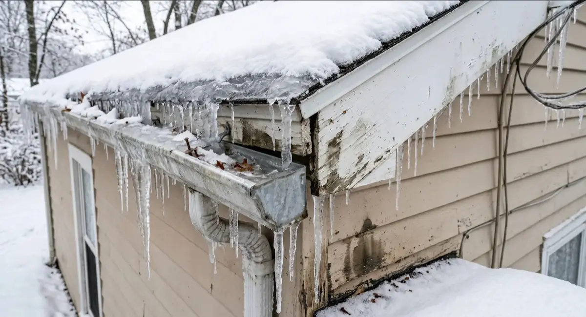 Snow and ice building up along the eave and gutter of a Minnesota home