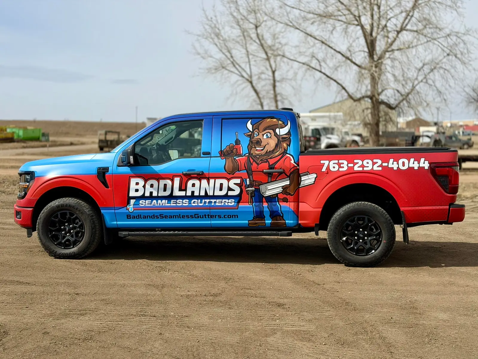 Badlands Seamless Gutters truck at the Cokato, Minnesota shop